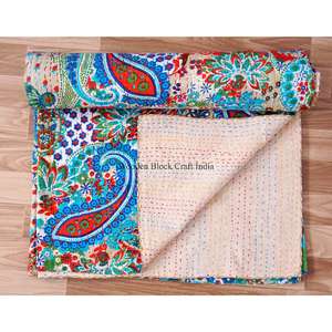 Rajasthan Handmade Printed Reversible Vintage Eco-Friendly All-Season <b>Double</b> Size Organic 100% Cotton Kantha Spread Printing - Product Image 4