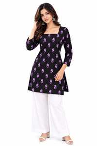 Robe longue à manches longues et col carré pour femme, imprimé floral noir, en polyester et rayonne tissée, style décontracté et ethnique, Kurti court pour femme - Product Image 5