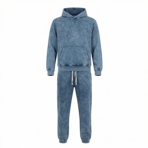 Elegant Sports <b>Distressed</b> Embroidery Tracksuit For Men Acid Wash Screen Printed Sweatsuit Hoodie Pant Set Winter Logo - Product Image 1