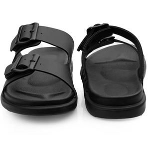 Sandales classiques noires pour hommes à double bride, à enfiler, à bout ouvert, semelle plate, décontractées, respirantes, légères, avec semelle intermédiaire en cuir, chaussures d'été - Product Image 1