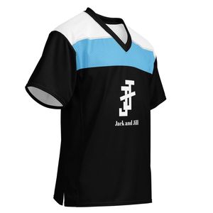 Maillot de football unisexe noir, bleu et blanc en mesh, manches courtes, col en V, logo personnalisé, respirant, pour équipes sportives, vente en gros - Product Image 4