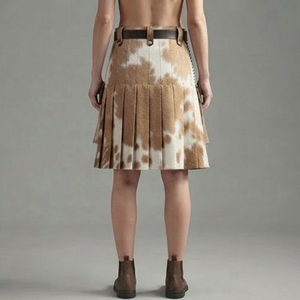 Custom Women'<b>s</b> Casual Natural Waist Breathable Cow Hair Leather Elegant Mini <b>Skirt</b> Cowhide Plaid Pattern Pleated Design Knitted - Product Image 2