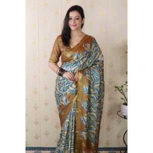 ผ้าคลุมไหลไหมทัสซาร์สีทอง ลายพิมพ์นามธรรม ทอแบบซารี น้ำหนัก 450 กรัม สำหรับงานปาร์ตี้ - Product Image 5