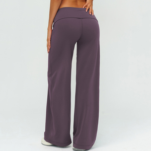 Pantalon large pour femme à taille haute élastique, uni, léger et brossé, avec ceinture pliable, coupe ample pour la course en extérieur - Product Image 4