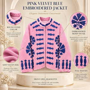 Veste élégante en velours rose avec broderie suzani bleue, col rond, manches longues, vêtement ethnique | Mode festive de créateurs - Product Image 5
