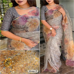 Sari de organza de tejido puro con estampado digital VASTRA COTTAGE, con un trabajo único de pitta y detalles de lentejuelas, con blusa de organza a juego. - Product Image 5