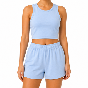 Conjunto Deportivo de Shorts de Cintura Alta de Lona Sólida para Mujer, Camisetas de Manga Corta Raglán, Logotipo Personalizado, Ropa Casual de Verano Ecológica - Product Image 1