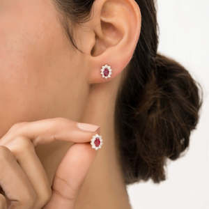 ต่างหูเพชรรูปวงรีและทับทิมสีเหลืองทอง14K - Product Image 1