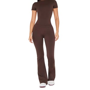 Women Ribbed Wide Leg Pants Factory Direct High Rise Yoga Trousers Seamless <b>Flare</b> <b>Leggings</b> Custom Brand - Product Image 4