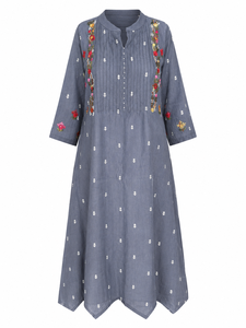 Blue Floral Embroidered Linen Maxi Dress Women V-neck Tunic Dress <b>Wedding</b> Party All Seasons - Product Image 6