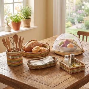 ViettimeCraft Coiled Seagrass Customized Dinning Organizer Set Woven Picnic Cutlery <b>Caddy</b> <b>Food</b> Cover Dome Rustic Dining Serving - Product Image 5