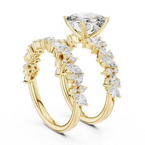 Anillo clásico de oro amarillo macizo de 14 quilates con diamantes cultivados en laboratorio de corte Asscher-Marquise y redondo, anillo de boda para mujer - Product Image 3