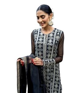 Mode pakistanaise superbe couleur noire col rond broderie coupe droite bordure longue longueur Kurti & bas avec ensemble Dupatta - Product Image 1