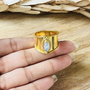 Fashionable Boho Bohemian Wedding <b>Statement</b> <b>Rings</b> Tribal Brass Jewelry Women 18k Gold Plated Wide Moonstone Band Wholesale OEM - Product Image 2