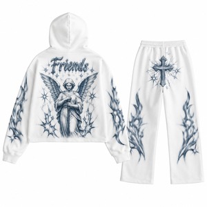 Ensemble sweat à capuche et pantalon unisexe blanc avec imprimé ange et croix, streetwear, coupe ample, 100% coton tricoté, vêtements d'automne - Product Image 6