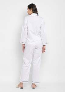 Women's 100% Cotton Long Sleeve Pajama <b>Set</b> <b>White</b> Classic Two-<b>Piece</b> Soft Woven Sleepwear Spring Full Length Button Fly - Product Image 4