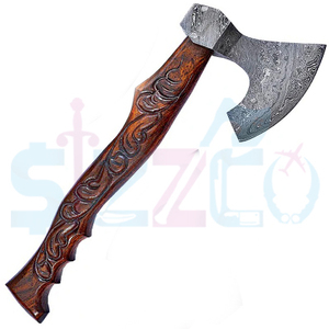 Custom Full Tang Damascus Steel Hunting Camping Bearded <b>Axe</b> Wood <b>Handle</b> Tomahawk Real Hatchet with Leather Sheath, Ideal Gift - Product Image 3