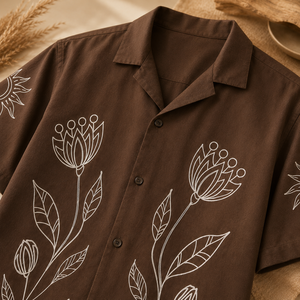 Premium Men's Brown Cotton Embroidered <b>Shirt</b> <b>Half</b> Sleeve Casual Cuban Collar <b>Shirt</b> with White Floral Design - Product Image 2