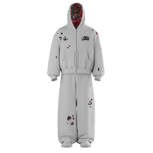 Conjunto Deportivo Personalizado Gris Liso de Algodón, Sudadera con Capucha y Cremallera con Diseño Gráfico, Pantalones Deportivos Holgados de 2 Piezas - Product Image 3