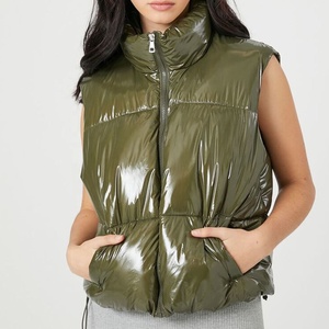Gilet matelassé en PU vert olive, col montant, fermeture éclair, coupe-vent, couleur unie, décontracté, unisexe, vêtement d'extérieur d'automne, coupe régulière - Product Image 2