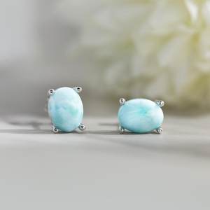 Natural Larimar Oval <b>Stud</b> Earrings 925 Sterling <b>Silver</b> Gemstone Prong Jewelry For Women Gift Wholesale - Product Image 5