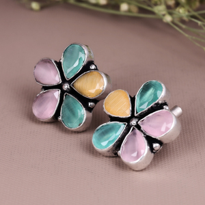 Brass Oxidized Silver Bezel Setting Pear Cut Flower <b>Stud</b> <b>Earrings</b> Women | Multicolor Gemstone Boho Party <b>Earrings</b> | Handmade - Product Image 4