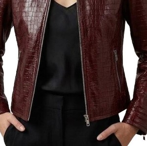 Women's <b>Burgundy</b> Genuine <b>Leather</b> Bomber <b>Jacket</b> Stand Collar Full Sleeve Zipper Closure Embossed Croco Pattern Finished - Product Image 1