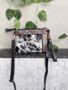 Cowhide Fur Leather Handbag Carving Hand Tooled Leather Tassel <b>Boho</b> Turquoise Color Unique Design Fur Sling <b>Bag</b> for Women - Product Image 5