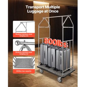 Carrello Portabagagli per Hotel con Capacità di Carico di 800 LBS, Finitura in Acciaio Inossidabile Spazzolato, Carrello Valet con Piano in Moquette Grigia - Product Image 3