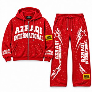 ชุดเซ็ตเสื้อฮู้ดมีซิปสีแดงลายกราฟิกสำหรับผู้ชาย กางเกงจ็อกเกอร์ สตรีทแวร์ ชุดสองชิ้น ขายส่งจากโรงงานผลิตเสื้อผ้า - Product Image 4