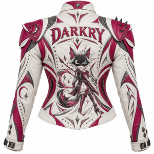 <b>Women</b> White Magenta Cowhide Leather Biker Jacket Printed Keyboardist Graphic Spiked Shoulder Studded Collar <b>Coat</b> OEM Wholesale - Product Image 2