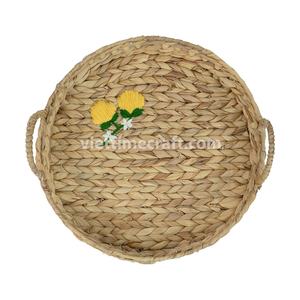 Bandeja redonda de jacinto de agua bordada con asas de cuentas, bandeja de servicio tejida a mano y bandeja de almacenamiento de Vietnam - Product Image 1