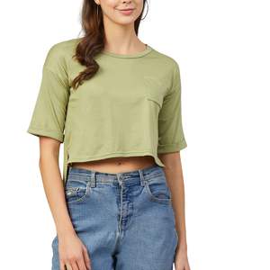 เสื้อยืดครอปโอเวอร์ไซส์ผู้หญิง ผ้าฝ้ายทรงหลวม แขนครึ่งตัว มีกระเป๋า เสื้อครอปขายส่ง รับผลิตแบบ OEM - Product Image 3