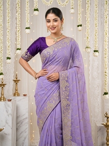 <b>Purple</b> Silk <b>Saree</b> With Silver Embroidery Traditional Wedding Wear For Women Floor Length Regular Fit Wrinkle Free - Product Image 3