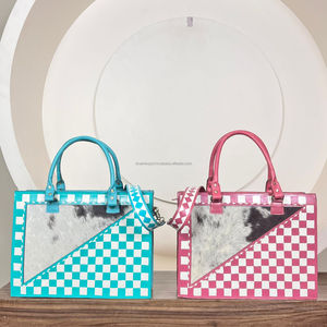 Sacs à main tendance en cuir véritable à carreaux, sacs fourre-tout en cuir de vachette à poils, sacs à bandoulière pour femmes avec sangle réglable pour un usage quotidien - Product Image 5