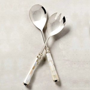 Ensemble de serveurs à salade décoratifs uniques en acier inoxydable plaqué argent avec poignée ronde en nacre pour la maison et les hôtels - Product Image 1