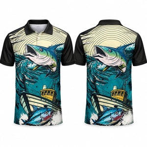 Fishing Marca Men's <b>Black</b> Quick Dry <b>Polo</b> Shirt With Fish Print UPF 50 For Outdoor Fishing Wear - Product Image 1