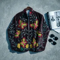 Blouson Bomber en Velours Suzani Broderie Florale Tricotée Col Montant Manches Longues Respirant Coupe-Vent Hiver Automne Femme