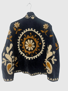Hand Embroidered Floral Velvet Mandarin Collar Blouson Full Sleeve Plus Size Women'<b>s</b> Autumn Wear Adult Regular Length - Product Image 2