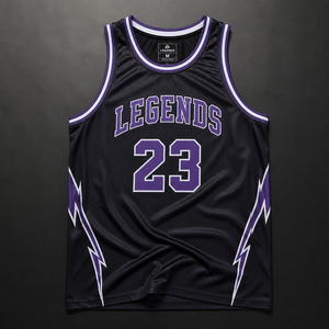 Camiseta de Baloncesto Legends 23 Morada y Negra Sublimada, Unisex para Adultos, Transpirable, de Poliéster, Ropa Deportiva - Product Image 1