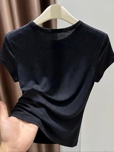 T-shirt court en maille unie crème pour femme, col rond, coupe ajustée, respirant, style minimaliste printemps-été - Product Image 3