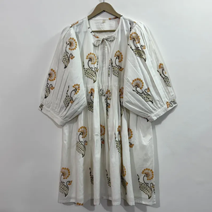 Vestido Midi Informal de Algodón para Mujer, Mangas Abullonadas, Cintura Imperio, Estilo Babydoll, Vestido de Verano, 100% Algodón, Cuello en V Extra Grande, Estampado Floral - Product Image 2