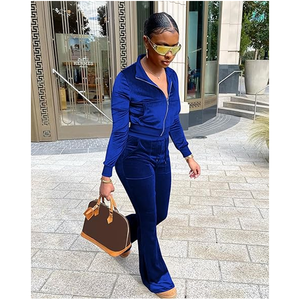 Ensemble deux pièces en velours pour femme, haut court à manches longues et pantalon évasé à taille haute avec fermeture éclair, couleur unie, style streetwear, tenue sexy pour club - Product Image 5