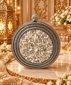 Craftstages International <b>Gold</b> Shell Pattern Half Moon Clutch Bag Beading Sparkling Evening Party Purse Suede Lining Chain Strap - Product Image 3