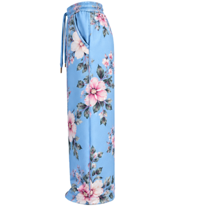 <b>Women</b> Sky Blue Floral Printed Wide Leg <b>Sweatpants</b> With Elastic Waist Drawstring Loose Fit Casual Fashion Pants With Back Pocket - Product Image 3