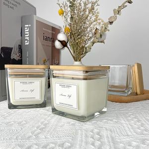 Lot de 9 pots à bougies carrés en verre épais Creahaus avec couvercles en bambou – Élégants porte-bougies et lanternes - Product Image 2