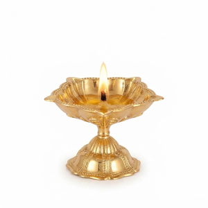 Ornate Square Petal Brass Diya on Pedestal Base Traditional Indian Pooja Oil <b>Lamp</b> <b>Antique</b> Gold Finish Home Temple Decor Products - Product Image 1