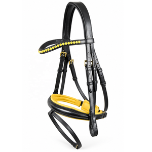 High Quality Leather Horse <b>Bridle</b> Yellow Padded Noseband Rhinestone Crystal Browband and Brass Buckles for Equestrian Riding - Product Image 1