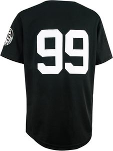 Maillot de baseball 99 avec patchs brodés cousus, maillot blanc avec rayures bleu marine - Product Image 3