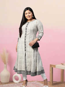 Kurta Anarkali pour femme en coton slub blanc crème à imprimé géométrique, col rond, manches trois-quarts, style ethnique mondial - Product Image 4